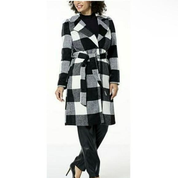 G by Giuliana Black Label Buffalo Plaid Belted Wool Blend Duster Trench Coat Lrg - Picture 1 of 9